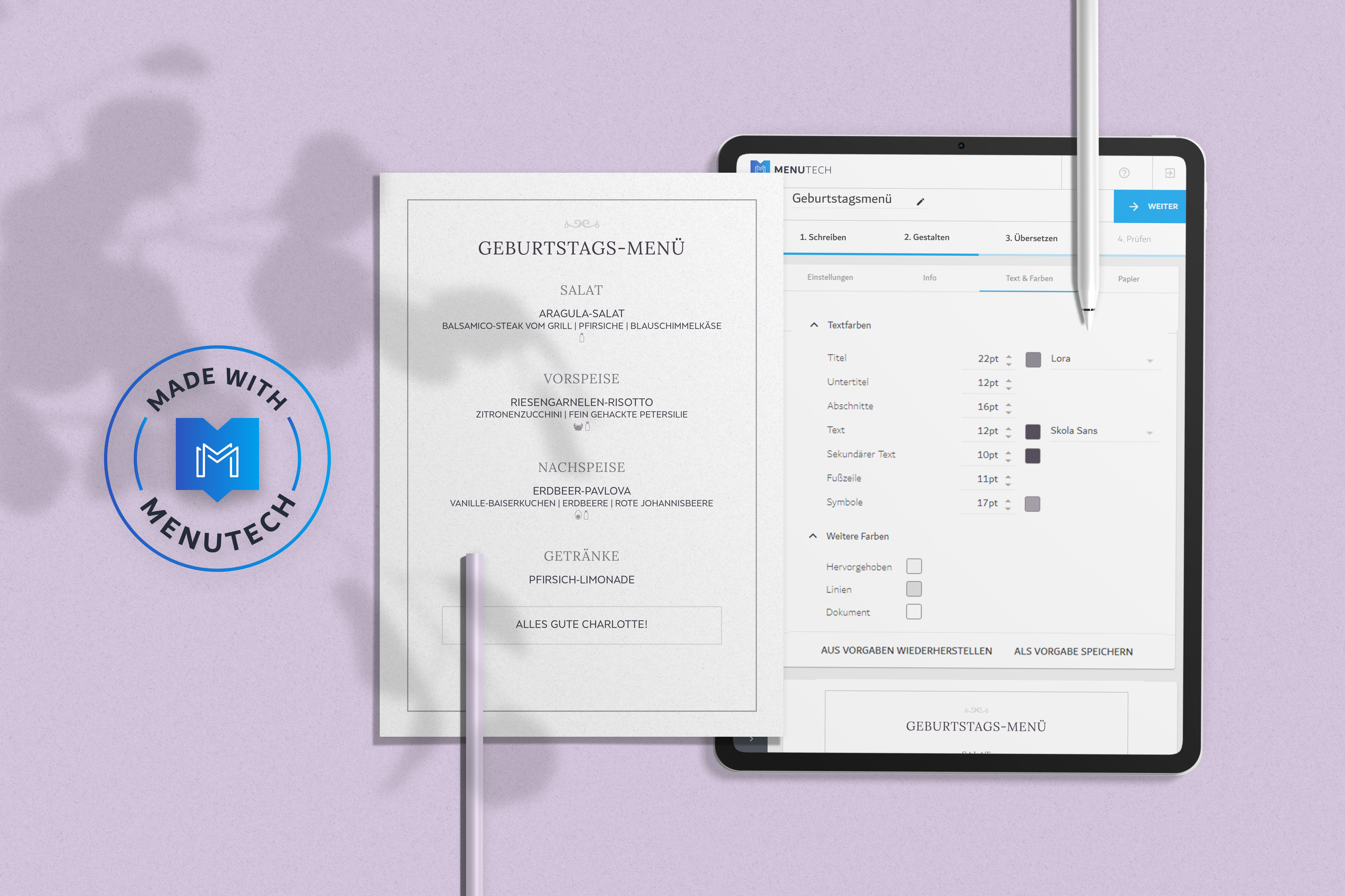 Elegantes fixes Menü mit zentrierten Allergen-Symbolen Menutech
