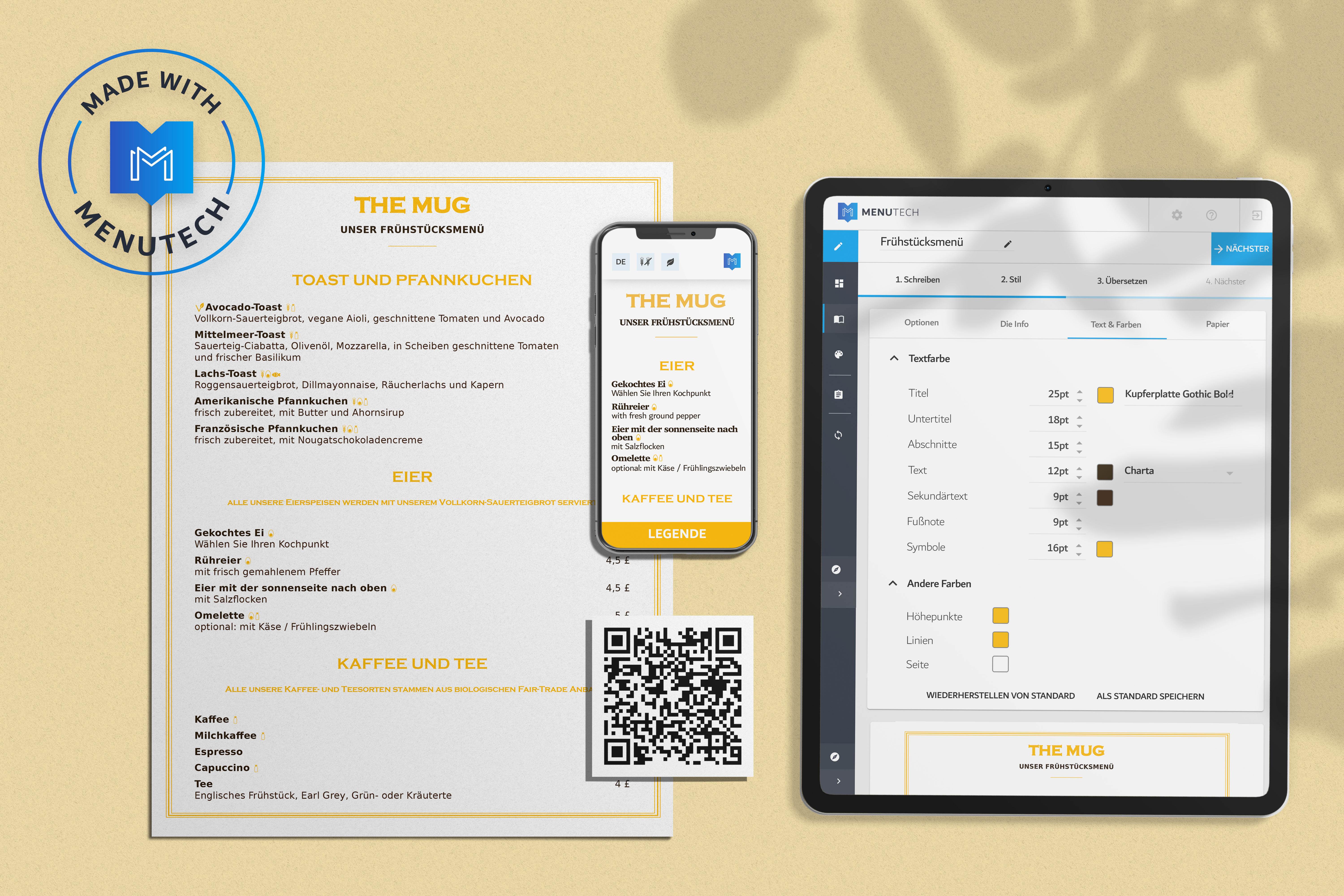 Frühstücksmenü mit themenbezogenen Allergen-Symbolen Menutech