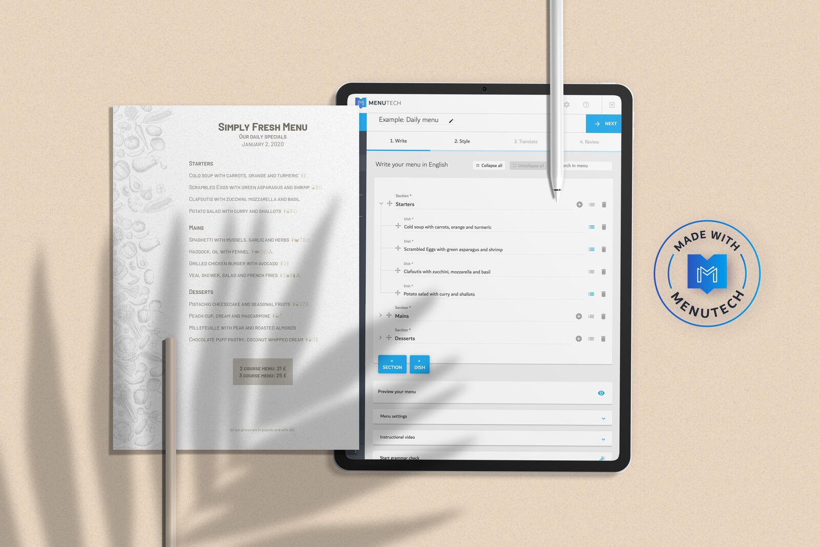 Daily Specials menu made on Menutech