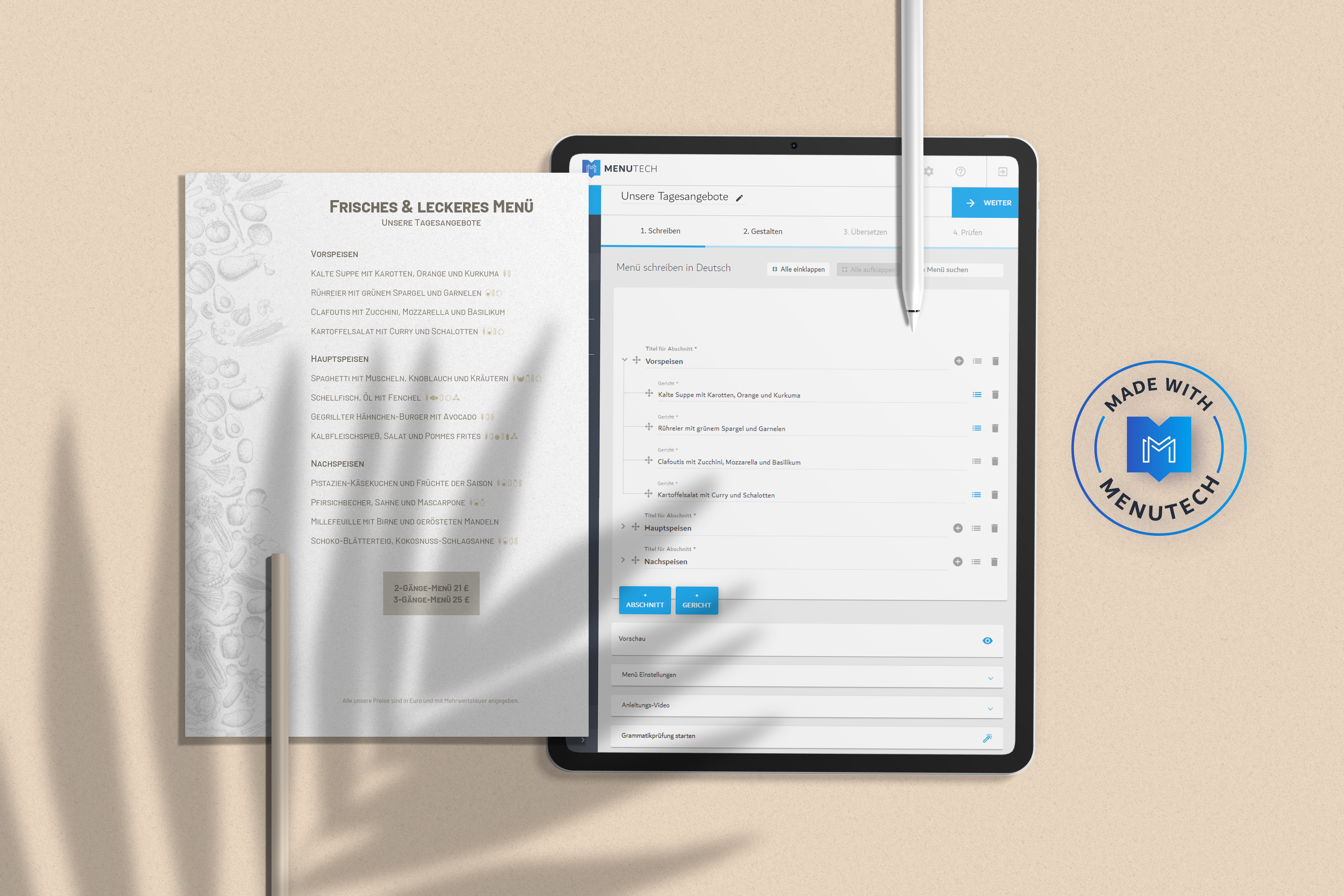 1-seitige Speisekarte mit klaren visuellen Allergencodes Menutech