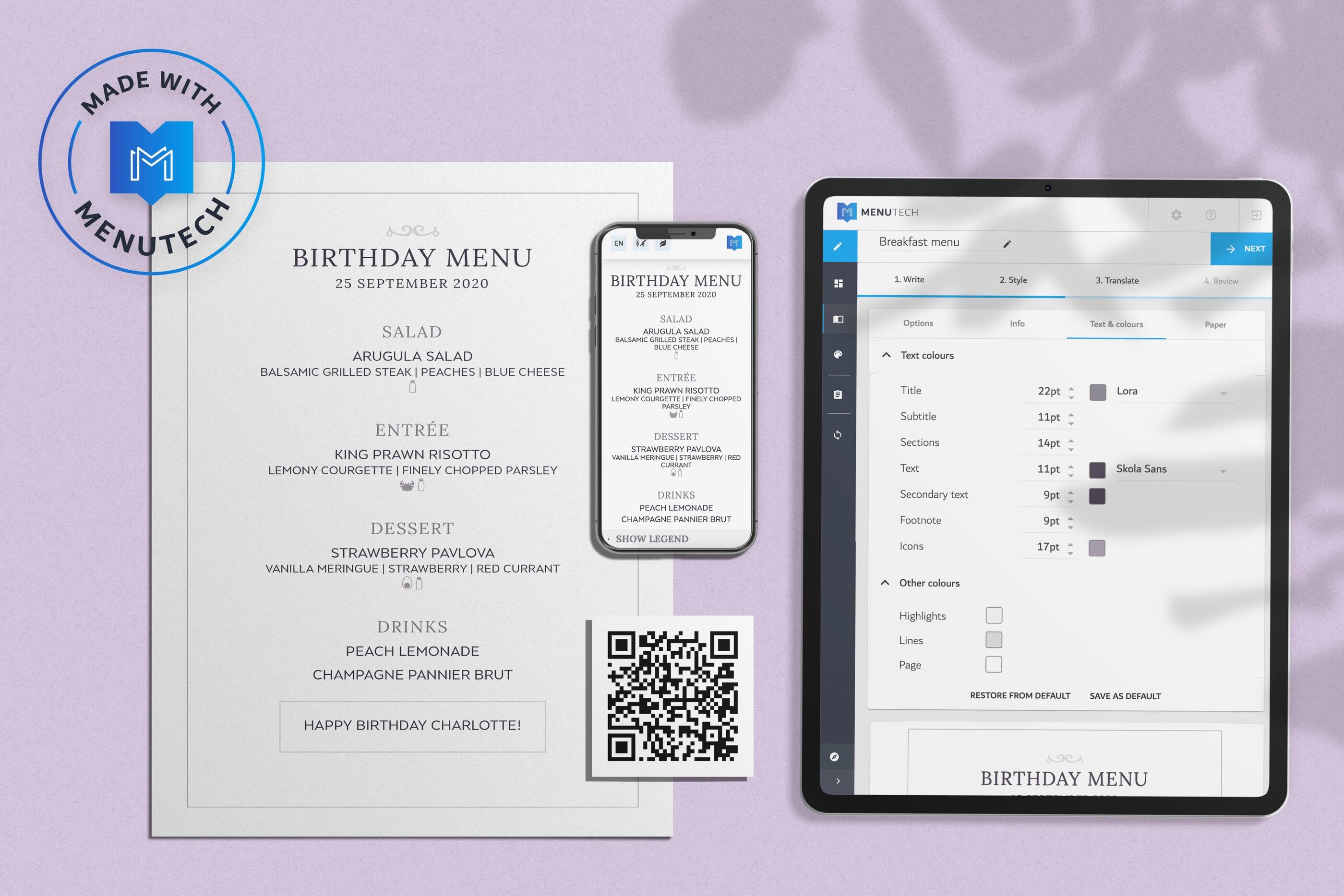 Elegant fixed menu with centred allergen icons