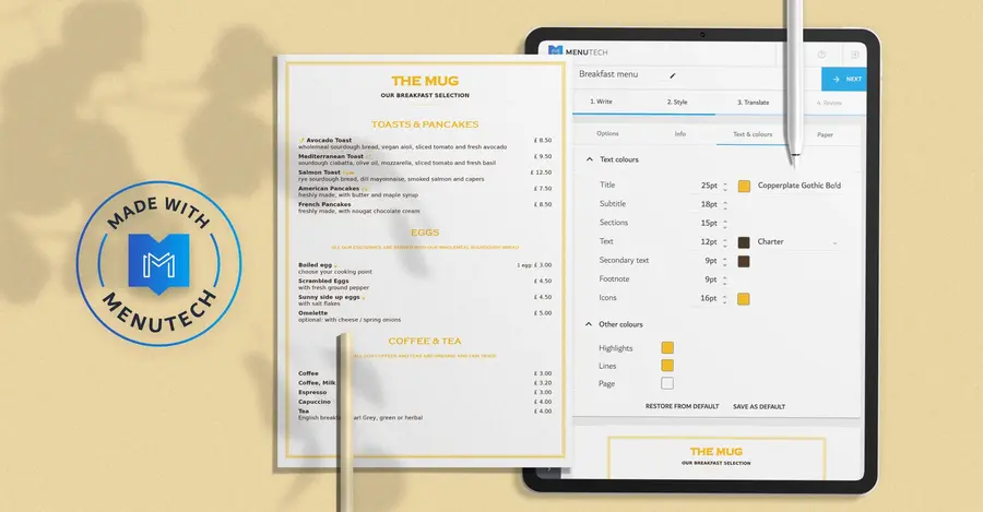 Breakfast menu with themed allergen icons